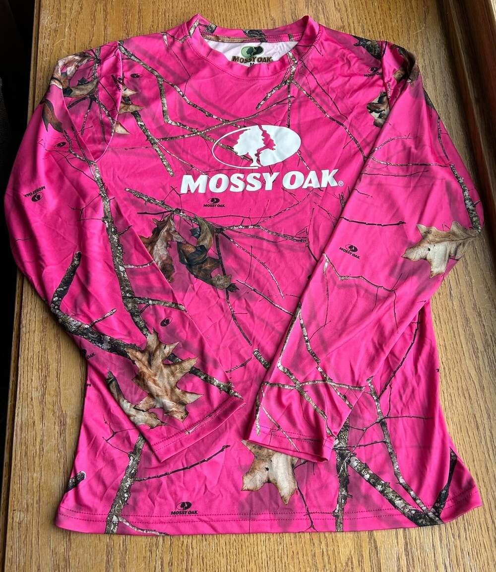 Pink Mossy Oak Real Tree Camo Long Sleeve Athletic Shirt Polyester Sz M Hunting
